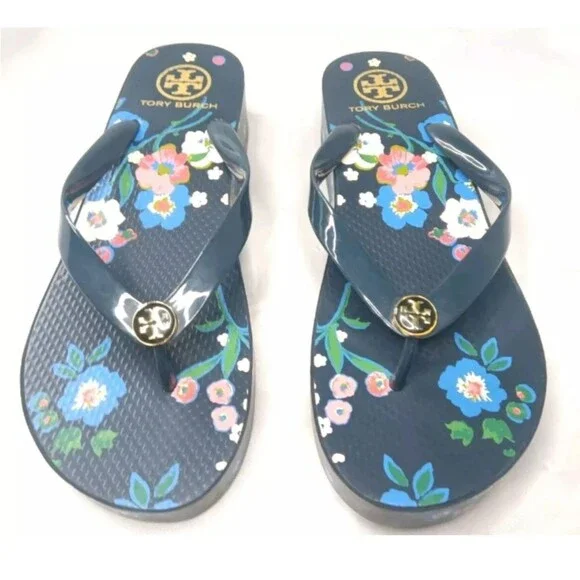 Tory Burch Floral Wedge Sandals Women's Size 8.5 Flip Flops Multicolor