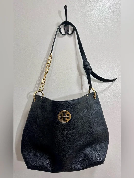 Tory Burch Everly Black Leather Hobo Bag Gold Hardware