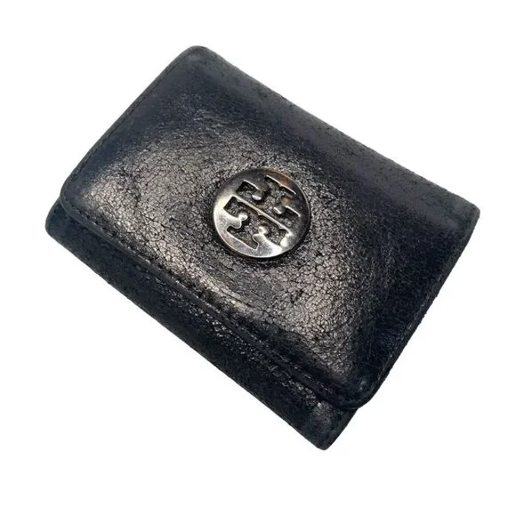 Tory Burch Black Leather Tri-Fold Key Case Mini Wallet – EUC, 5 Hooks, Crackle F