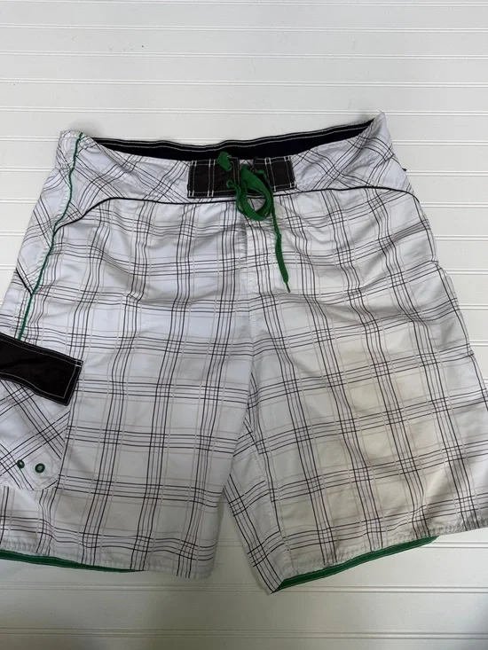 (117)Joe Boxer White Plaid Swim Board Shorts with Green Trim