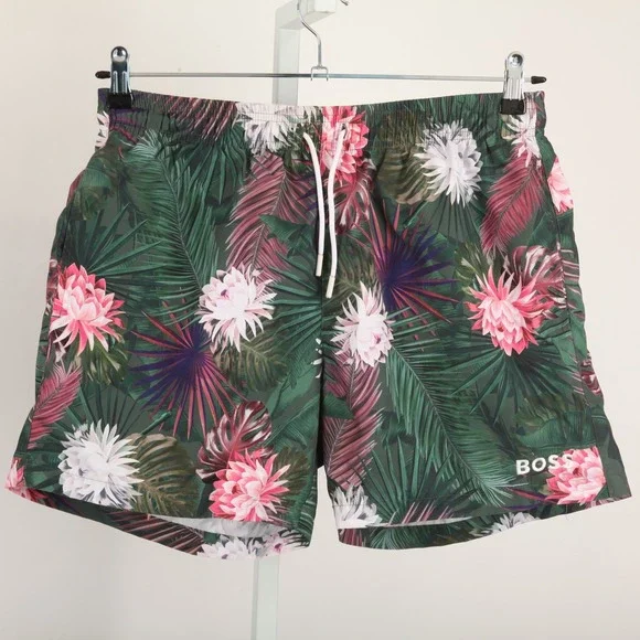 BOSS Men's Tropical Floral Swim Trunks Shorts Green Pink White Size L Mesh Lined