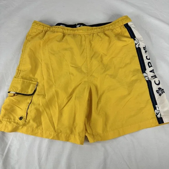 Chaps Swim Trunks Shorts Mens Large Yellow Elastic Waist Logo Leaves Pockets