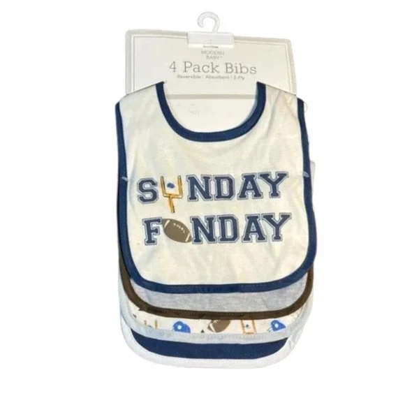 Modern Baby 4 Pack Reversible Football Bibs Sunday Funday Blue White Grey NEW