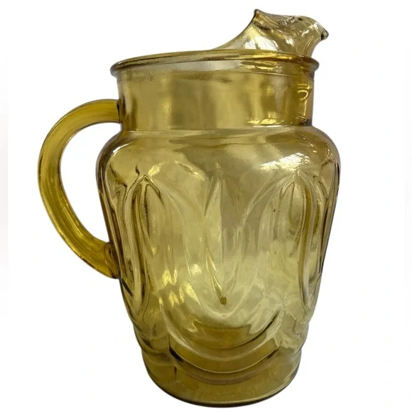 VINTAGE Pitcher Jug MCM Elegant Yellow Glass Patterned Large 9 inch Tall