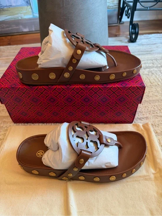 Tory Burch Miller Cloud Brown Leather Logo Studded Slide Sandals