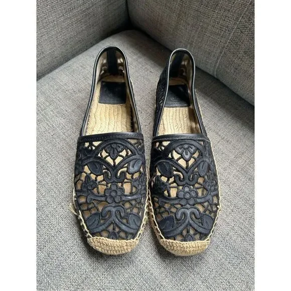 Tory Burch Black Cotton Lace and Leather Jackie Espadrilles