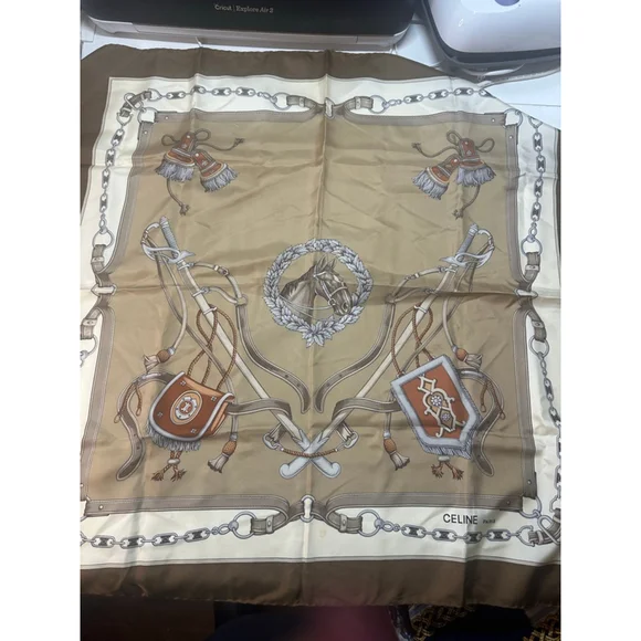 Women's Celine Beige & Brown Horse Print Silk Scarf One Size
