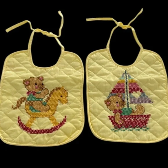 Vintage Cross Stitch Bid Bear Rocking Horse Sailboat Handmade 70s Yellow Quilted