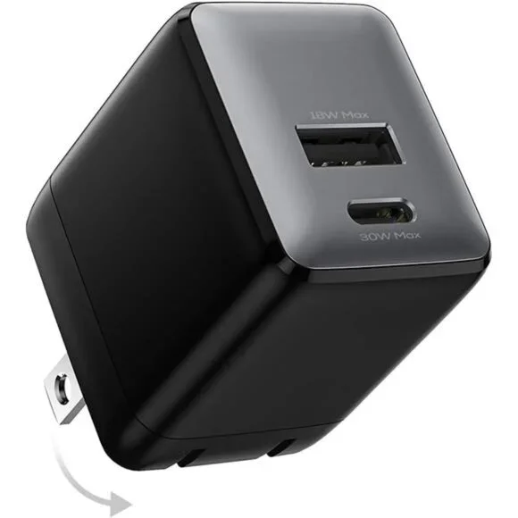 USB C Fast Charging Charger, 30W Dual-Port GaN Nano Charger with Foldable Plug