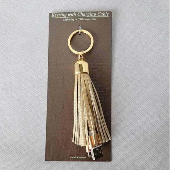 Keyring With Charging Cable Golden Faux Leather Tassel