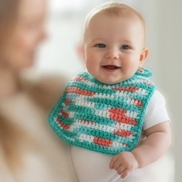 Handmade Baby Bib Crochet Teal‎ Orange White 17