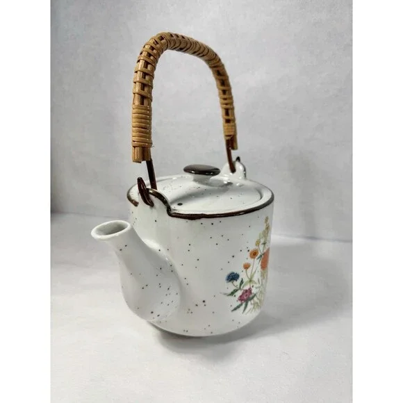 Vintage Speckled Ceramic Teapot Bamboo Handle Hand Painted Flowers Japan