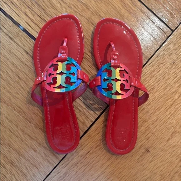Tory Burch ruby red rainbow Miller sandals limited edition , size 8.5 excellent