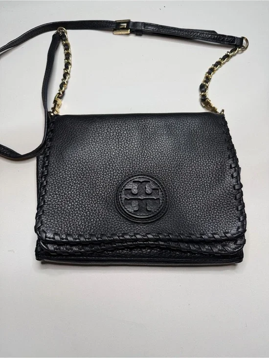Tory Burch Black Pebbled Leather Crossbody with Gold Chain Strap
