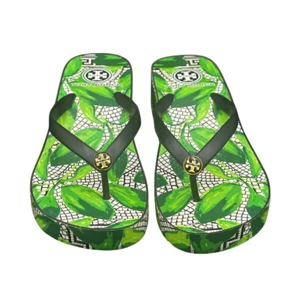 Tory Burch Tropical Green Leaf Print Platform Flip-Flop