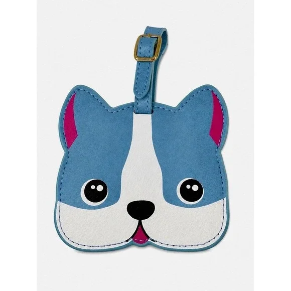 Blue French Bulldog Luggage Tag Faux Leather Puppy Dog Face Travel Bag ID Blue