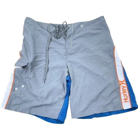 Hurley Swim Trunks Men 38 XL Gray Blue Bored Shorts Surfing‎ Spellout Adult