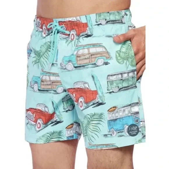 Psycho Tuna Surf Life Blue Vintage Cars Swim‎ Trunks Board Shorts Size XLG NWT