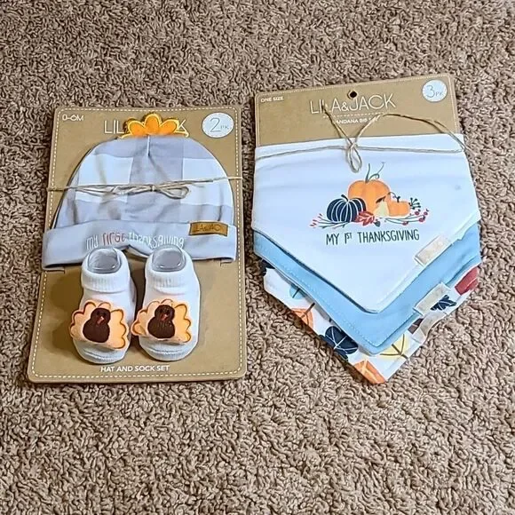 Lila & Jack 2 Sets, one w/3 Thanksgiving Bibs, and second set of booties…