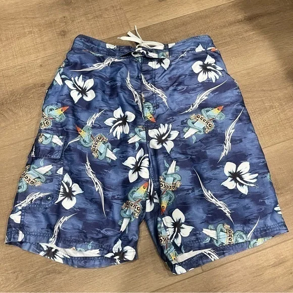 Vintage Gecko Dragon Floral Surf Board Hawaii‎ Shorts All Over Print Men 32”
