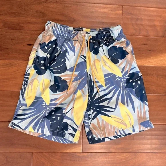 Lands’ End Blue Tropical Palm Swim Trunk Board Shorts size Small