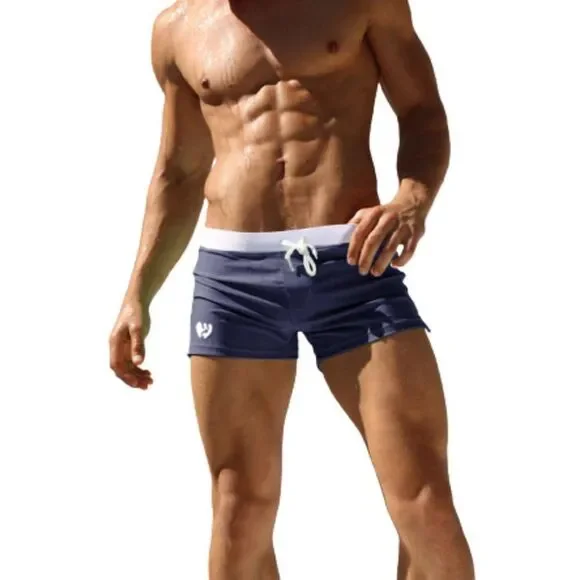 Men's Sexy Swim Trunks Back Pocket Resort Swimwear Blue M
