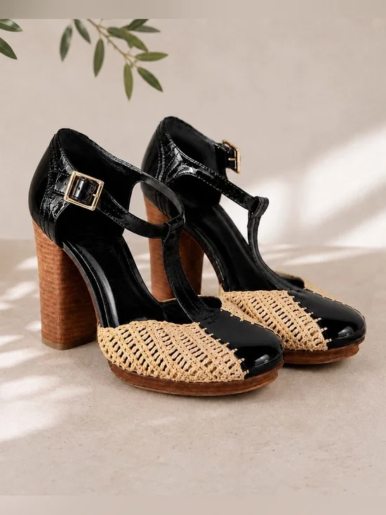 Tory Burch Navy Patent Leather Raffia T Strap Heels