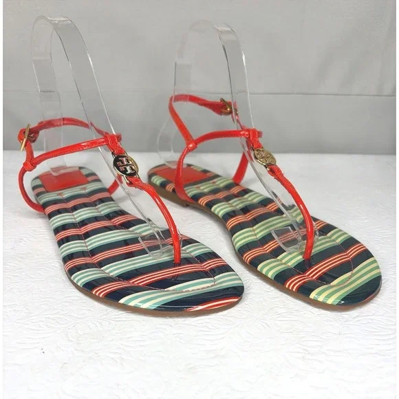 Tory Burch Emmy Habanero Pepper Striped Patent Leather Flat Thong Sandals Size 8