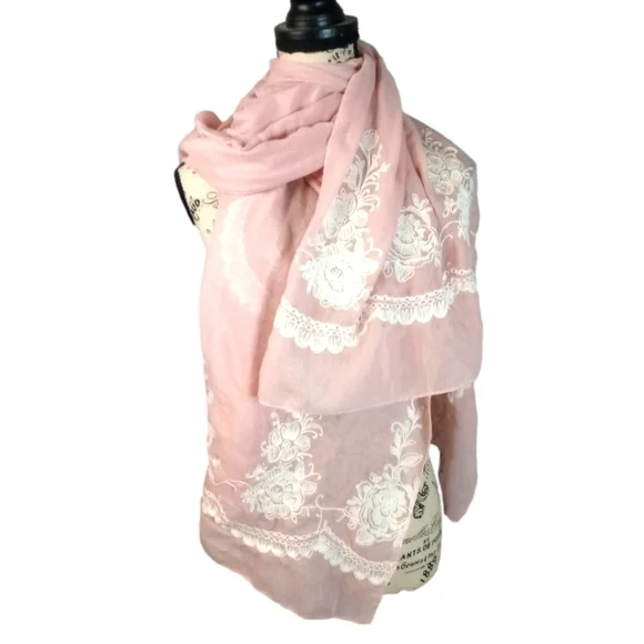 Pink Scarf with Cream Floral Embroidery Design