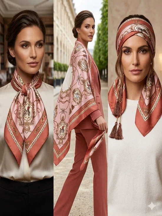 Rose Pink Satin Medallion Print Scarf Also Headband, Neck, Belt Wear