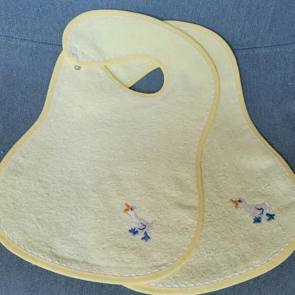 Embroidered Goose Terry Cloth Baby Bib White Yellow Vintage Inspired 2 P…