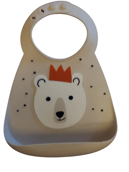 Silicone Bear Bib for Kids - Cream with Orange Crown. New