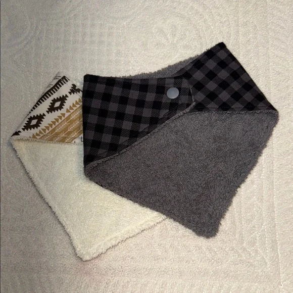 Reversible Bandana drool Bibs in Black Plaid and Tribal Print handmade