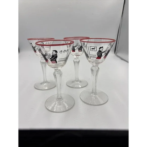 MCM Liquor Cocktail Glasses Martini Vtg Set 4 Dickens Merrymakers Libby