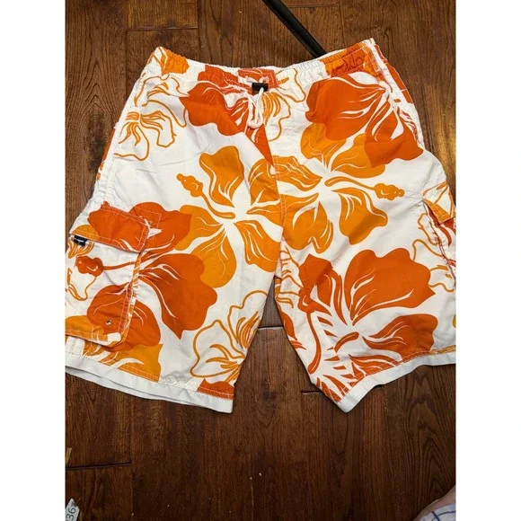 Exist Supreme Board Shorts Mens Medium Orange White Hibiscus Floral Cargo Trunks