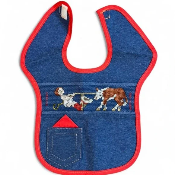 vintage Charles Craft denim cross-stitch baby‎ bib featuring a cowboy and calf