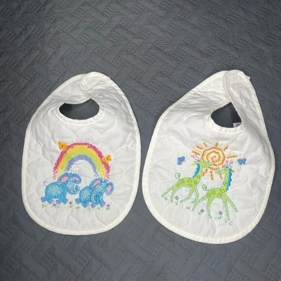 White Baby Bib Set with Embroidered Elephants and Giraffes