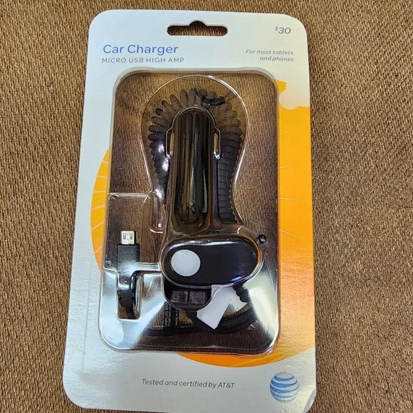 New AT&T Black Car Charger Micro USB High Amp For Most Tablets & Phones