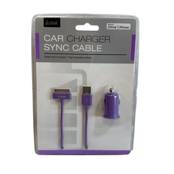 iWave‎ Car Charger Purple Sync Cable Made for iPod iPhone New in Package