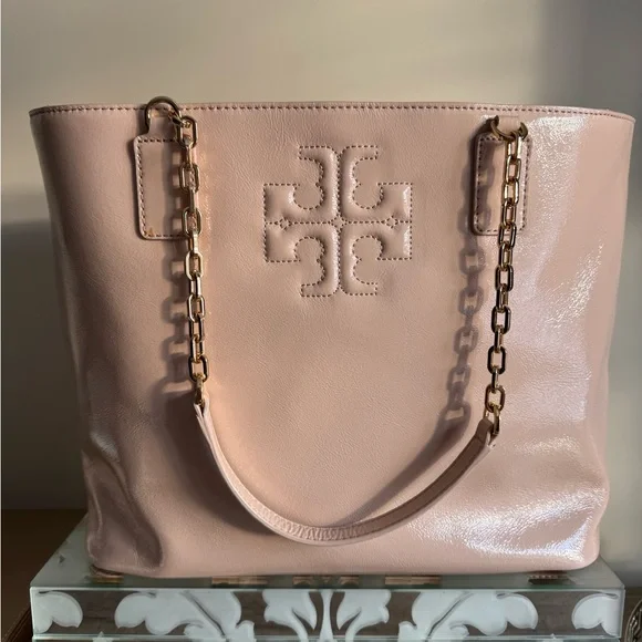 Tory Burch Light Pink Tote Bag EUC Light Oak Charlie Patent Tote Leather