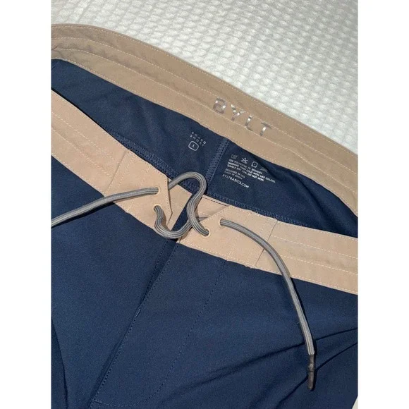 BYLT Board Shorts Mens Large Navy Tan Performance Swim Trunks Zipper Pocket