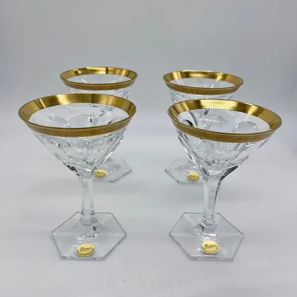 Moser Gold Rimmed Martini Cocktail Glasses Set 4 Signed Bohemian Art Deco Glass