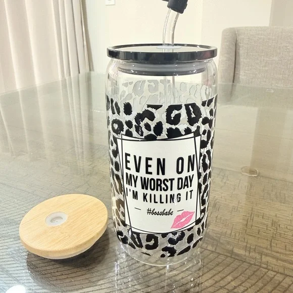 Handmade glass 16 ounce Motivational Leopard cup Tumbler black gift extra lid