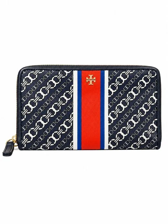 Tory Burch Gemini Link Zip Continental Wallet Navy Red White Chain Print