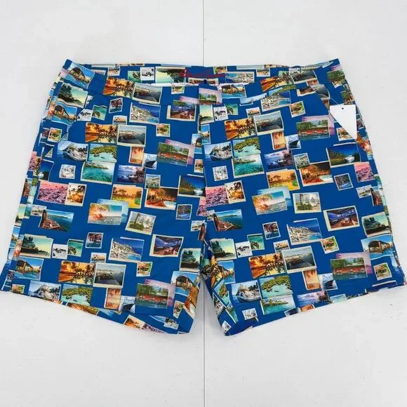 NWT Robert Graham Quick Dry Blue Postcards Swim Trunks Size XL