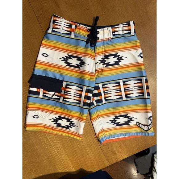 Cabo Style Board Shorts Mens L Aztec‎ Southwest Baja Stripe Lace Up Swim