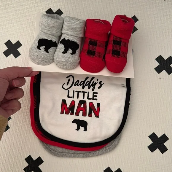 Daddy’s Little Man red and black Bootie and bib plaid set