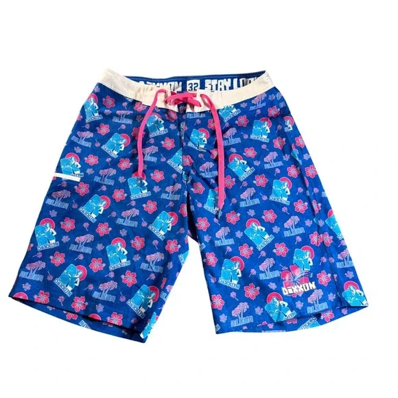 Dixxon Aloha Pin Up Board Shorts Mens 32 Blue Pink Floral Hibiscus Swim Trunks