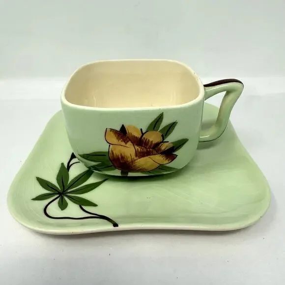 Weil Ware California Pottery Cup & Plate Set Hand Decorated Bamboo Lotus Vintage