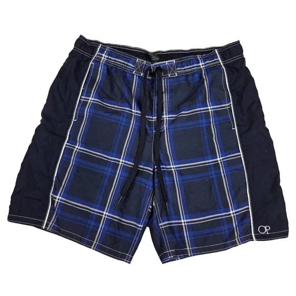 Ocean Pacific OP Mens Swim Trunks Board Shorts Blue White‎ Plaid Size L